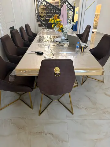 Modern Marble Dining Table with 8 Velvet Chairs (Brown  Gold)