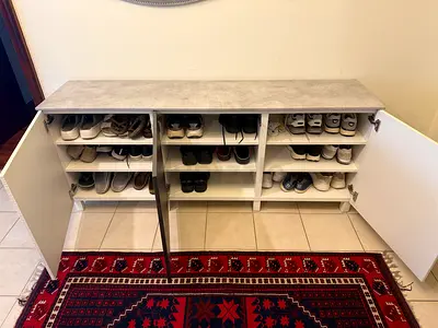 IKEA White Gray Cabinet with Concrete-Style Top - 3 Doors, Multiple Shelves