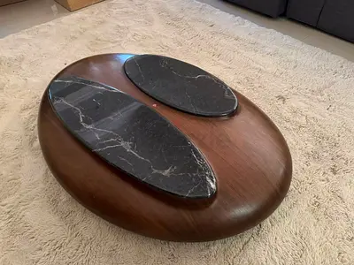 Unique Oval Wooden Coffee Table with Black Marble Inlays