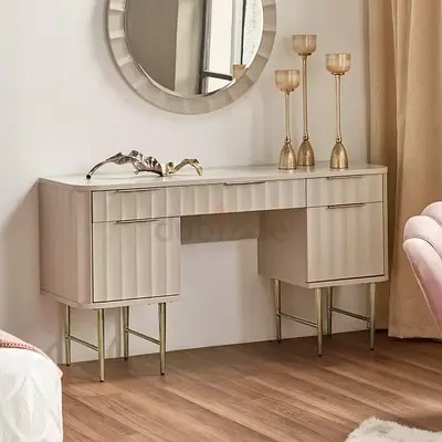 3-Drawer + 2-Cabinet Dresser - Ripple Collection + Wall Mirror + Stool Light (Taupe/Muted Gold)