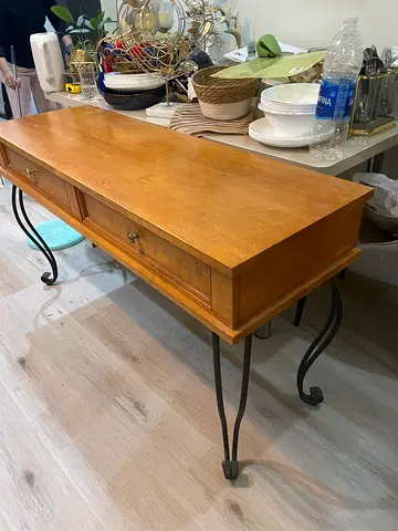 Solid wood side table with wrought iron legs, small drawer can be used as console tables, side table