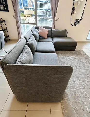 Modern L-shaped Grey Fabric Sofa with Chaise (3-4 Seater)
