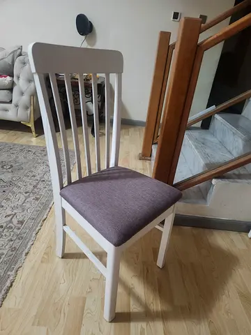 2 Wooden dining chairs with padded seat - light beige frame, grey cushion