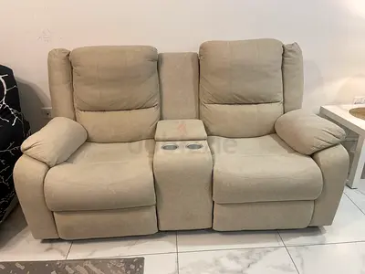 Beige 2-Seater Recliner Sofa with Centre Console and Cup Holders