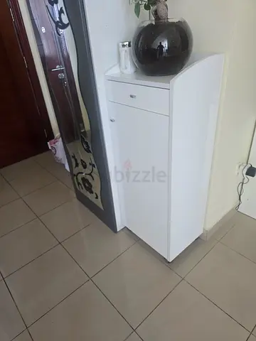Slim White Shoe Storage Cabinet with Drawer and Door