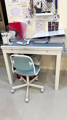 White wooden study desk with swivel chair - compact home office set