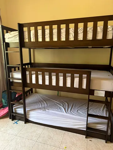 Solid Wood Triple Bunk Bed (3-Level) - Dark Brown