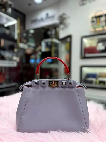 Fendi Mini Peekaboo Studded 2Way Handbag in Grey/Red Leather (Authentic/PreOwned)