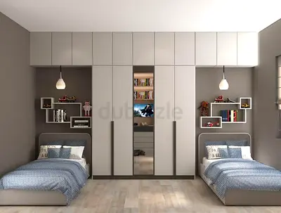 Custom Built-in Wardrobe with Overhead Storage (Modern Twin Bedroom Setup)