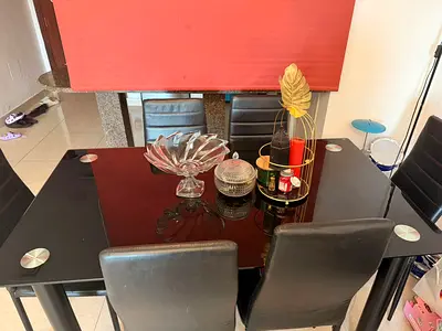 Black Glass Top Dining Table with 4 Leather Chairs - Modern Set excellent condition. Move out Sale-