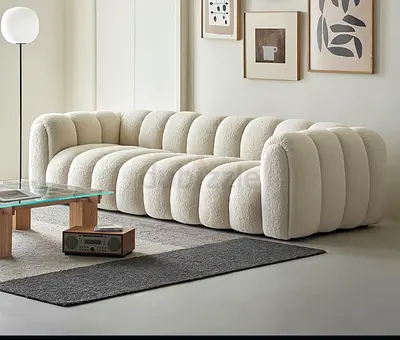 Curved Cream Bouclé 3-Seater Sofa — Modern Comfortable Design
