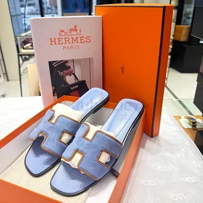 Light Blue Hermes Oran Slide Sandals - Size - 39.5, Excellent Condition