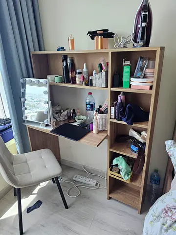 Wooden desk with shelving and vanity setup — good used condition can be a vanity area desk or work