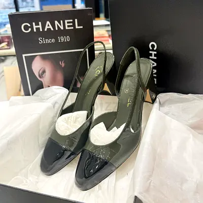 Chanel Two-Tone Patent Leather Slingback Heels (Authentic) - 39.5