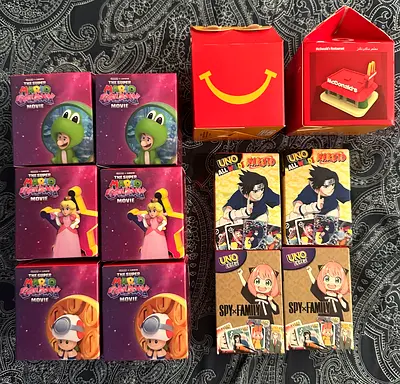 McDonald Happy Meal’s Toys Lot UNO Card Packs and Super Mario Movie Figures