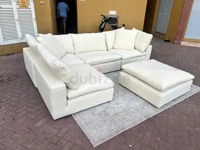 Marina home Luscious original Large White L-Shaped Fabric Sofa with Ottoman - Comfortable Sectional