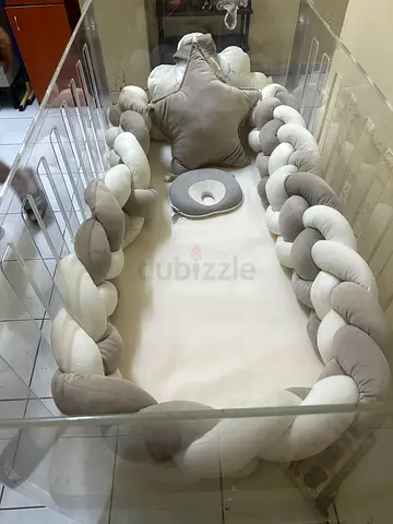 Neutral Braided Crib Bumper with Star Pillow and Head Support - Good Condition
