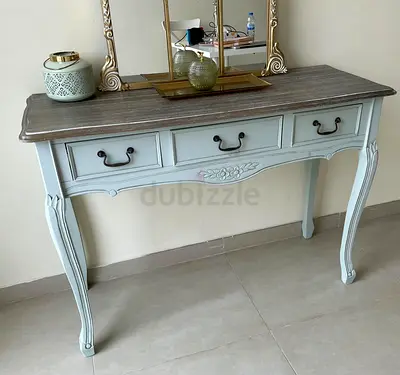 Vintage-style Console Table with 3 Drawers - Light Blue  Wood Top
