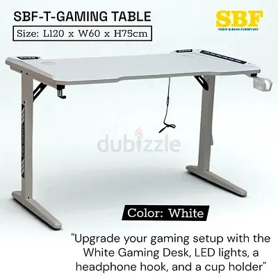 White SBF Gaming Desk with LED Lights, Headphone Hook  Cup Holder
