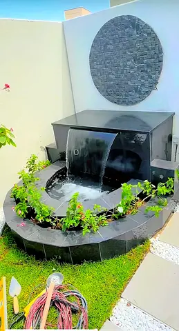 Outdoor Garden Water Fountain with Planter - Black Stone Finish