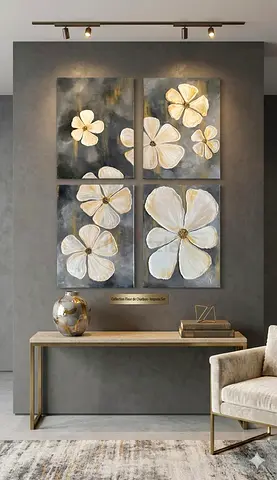 Set of 4 Floral Textured Canvas Wall Art Panels (each 40x30cm)— Neutral Tones