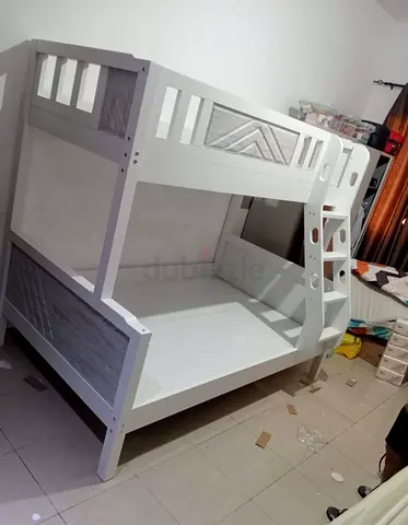 White Wooden Bunk Bed (Double on Bottom, Single on Top) - Good Condition