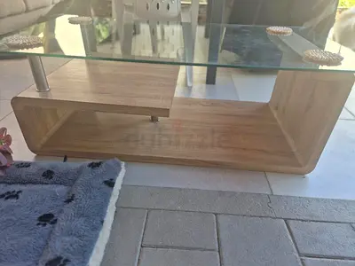 Glass Top Coffee Table with Curved Wooden Base - Light Oak