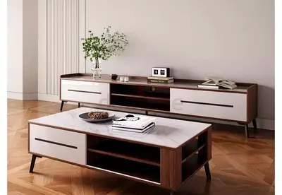 Low Profile Modern TV Unit - Sintered Stone Top, Two Drawers