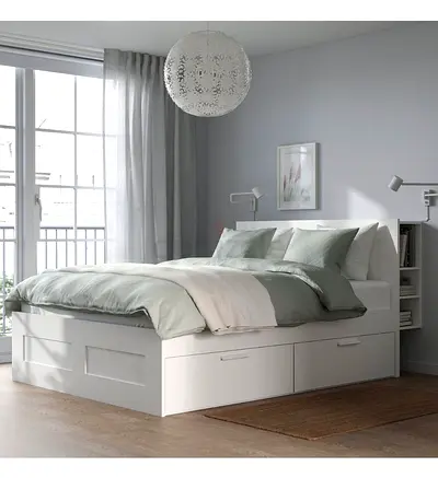 White Storage Bed with Headboard Shelves and Drawers - Double/Queen