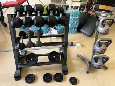 Dumbbell Set with Rack, Kettlebells and Extra Weight Plates - Good Condition(price negotiable)