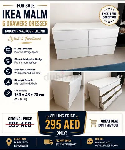 IKEA MALM 6-Drawer Dresser - White, Excellent Condition