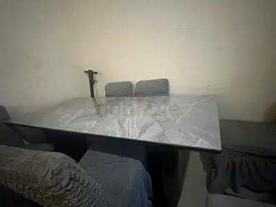 Marble-top Dining Table with 6 Chairs (Gray Fabric Covers) - Good Condition