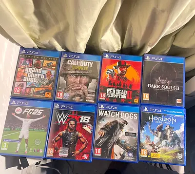 Lot of 8 PS4 Games — GTA V, Red Dead, COD WWII, Dark Souls II, Horizon, FIFA, Watch Dogs, WWE 2K18