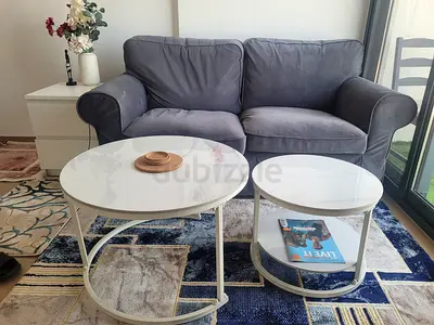 Gray 2-Seater Sofa with Marble-Top Nesting Coffee Tables