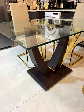 Glass Top Dining Table with Dark Wood Curved Base (Seats 4)
