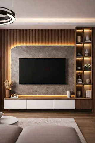 Custom Modern built-in TV entertainment unit with LED shelving