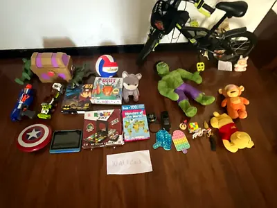 Mixed kids toys bundle — bikes, plush, action figures, books, puzzles and more