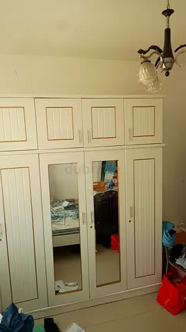 White Freestanding Wardrobe with Mirrors - 5 Doors + Overhead Cabinets