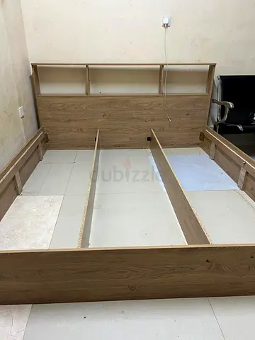 Queen wooden bed frame with built-in headboard shelves - light oak