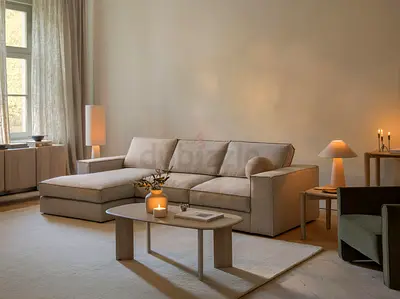 Light Beige L-shaped Fabric Sofa — Comfortable 3-Seater with Chaise
