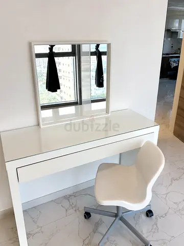 White Vanity Desk with Mirror and Swivel Chair