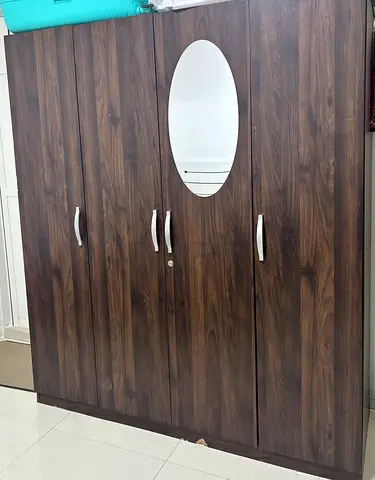 4-Door Wooden Wardrobe with Mirror - Dark Walnut Finish