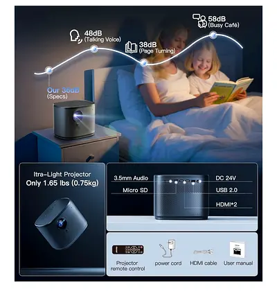 Mini Projector 1080P HD,4K Supported Portable Movie Projector-200 Display,Built-in Speaker