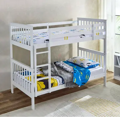 White Wooden Bunk Bed for Kids — Twin Over Twin, Good Condition
