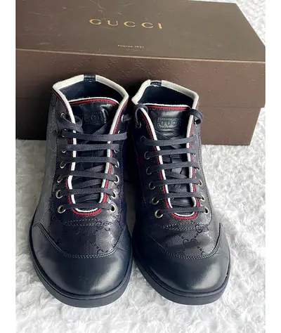 Gucci black leather monogram high-top sneakers - mens size (No box)