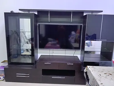 Dark Wood Entertainment Center with Glass Display Cabinet —Excellent Condition