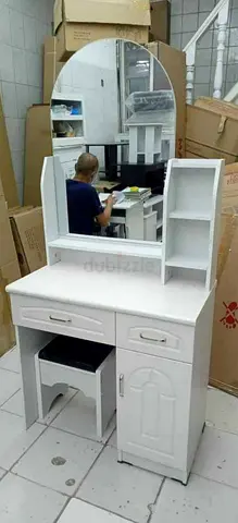 White Wooden Dressing Table with Mirror, Drawers and Stool