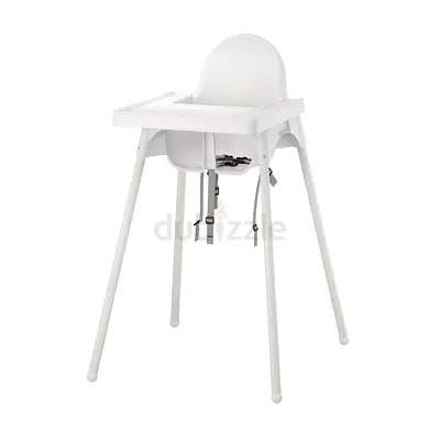 Simple White Baby High Chair with Tray and Safety Straps