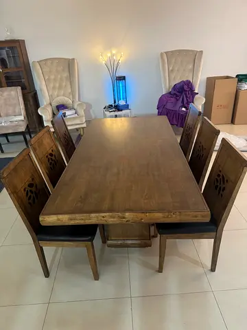 Solid Wood Dining Table with 6 Carved Chairs - Good Condition