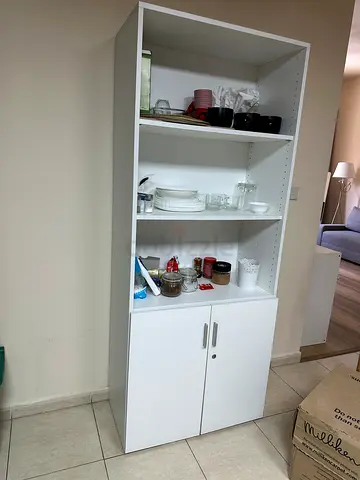 White Storage Cabinet with Shelves and Lockable Lower Cupboard - Good Condition